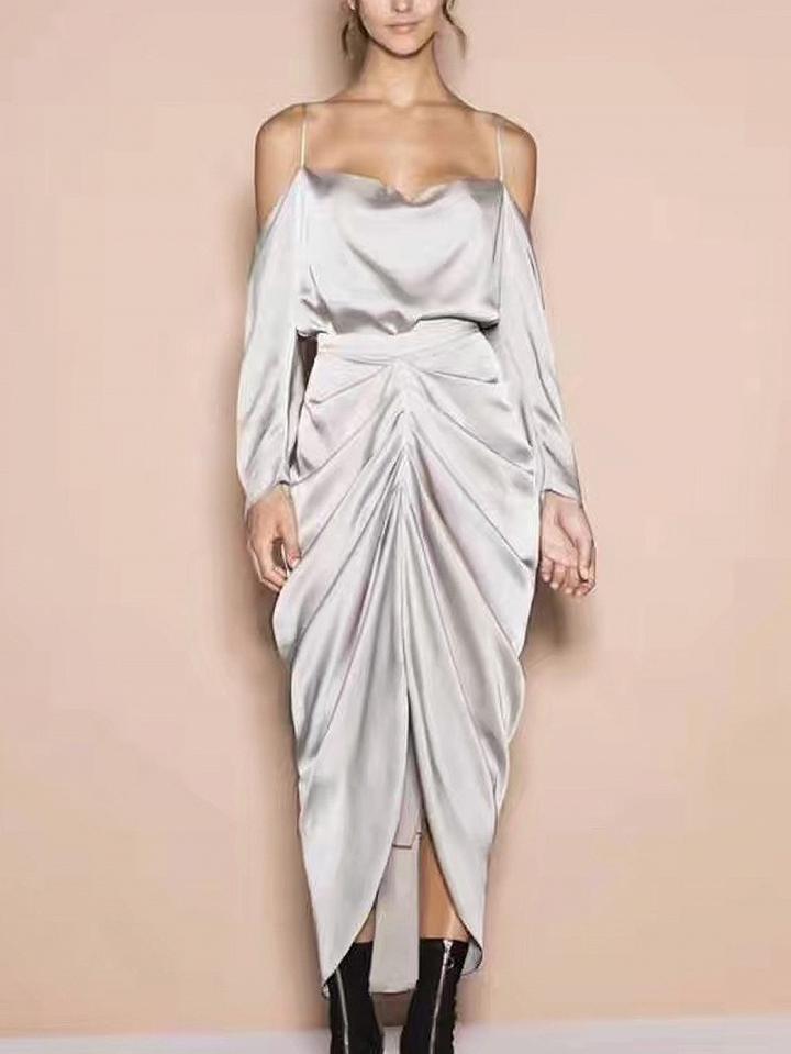 Choies Gray Cold Shoulder Keyhole Back Satin Long Sleeve Cami Top