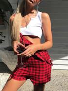 Choies Red Plaid Buckle Strap Open Back Chic Women Romper Playsuit