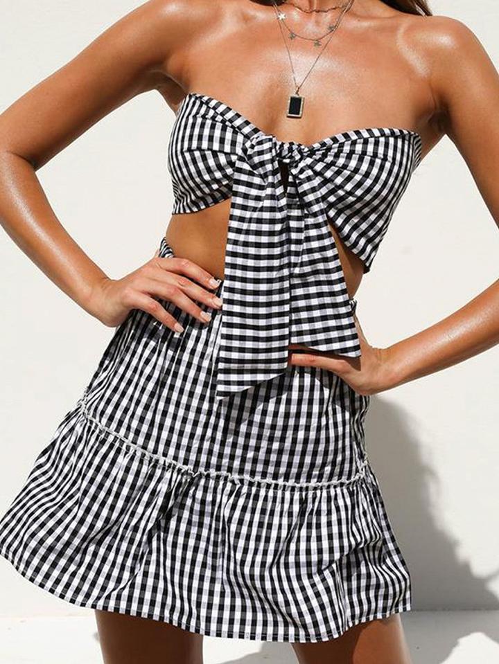 Choies Black Plaid Bandeau Chic Women Crop Top And High Waist Mini Skirt