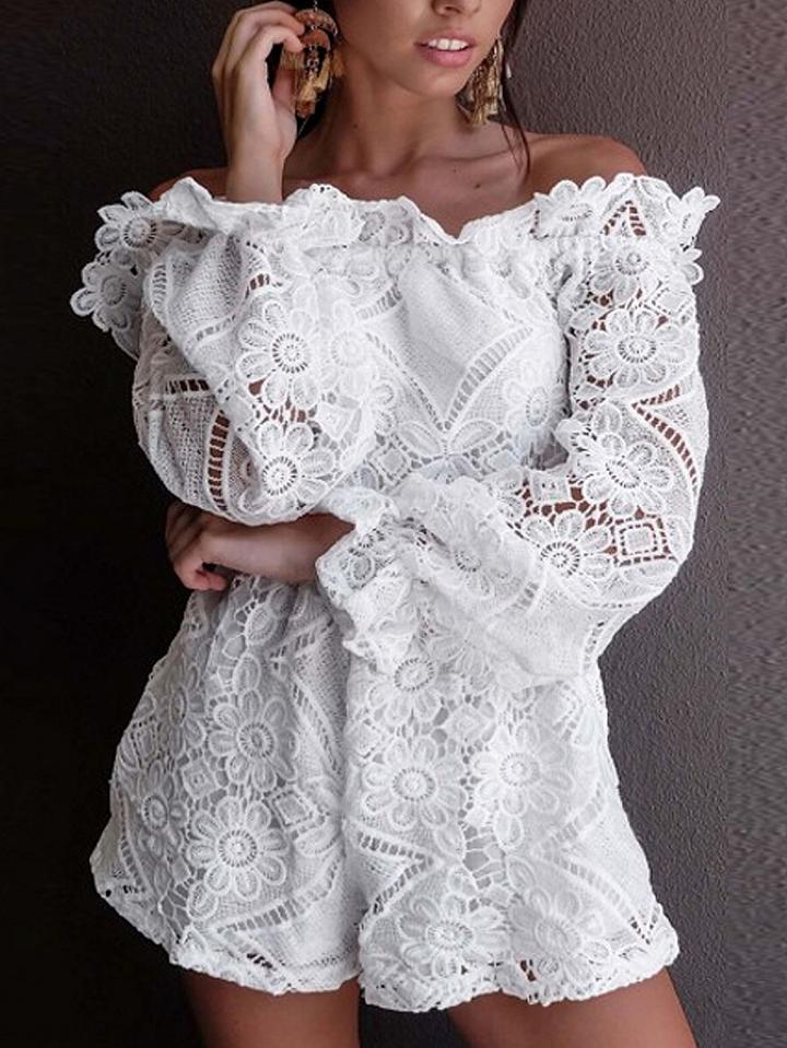 Choies White Off Shoulder Frill Lace Long Sleeve Romper