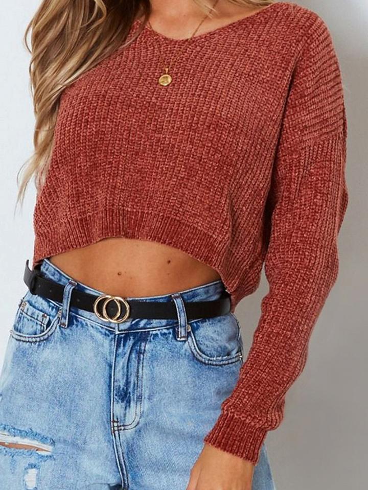 Choies Orange V-neck Long Sleeve Chic Women Knit Crop Sweater