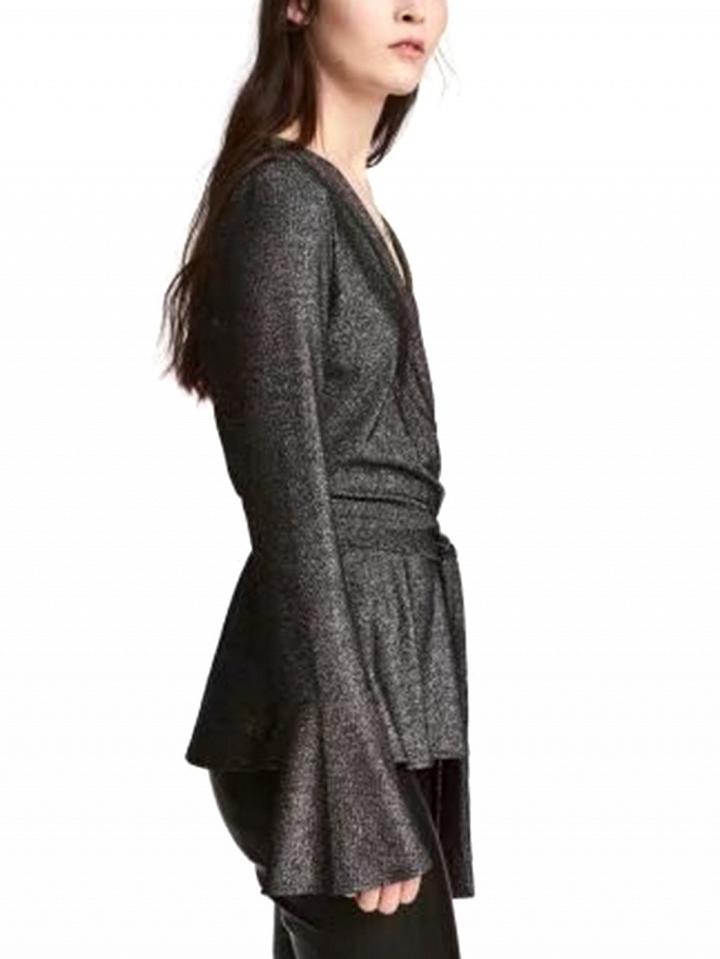 Choies Black Plunge Tie Waist Flare Sleeve Blouse