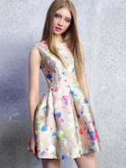 Choies Champagne Floral Print Sleeveless Zipper Back Dress