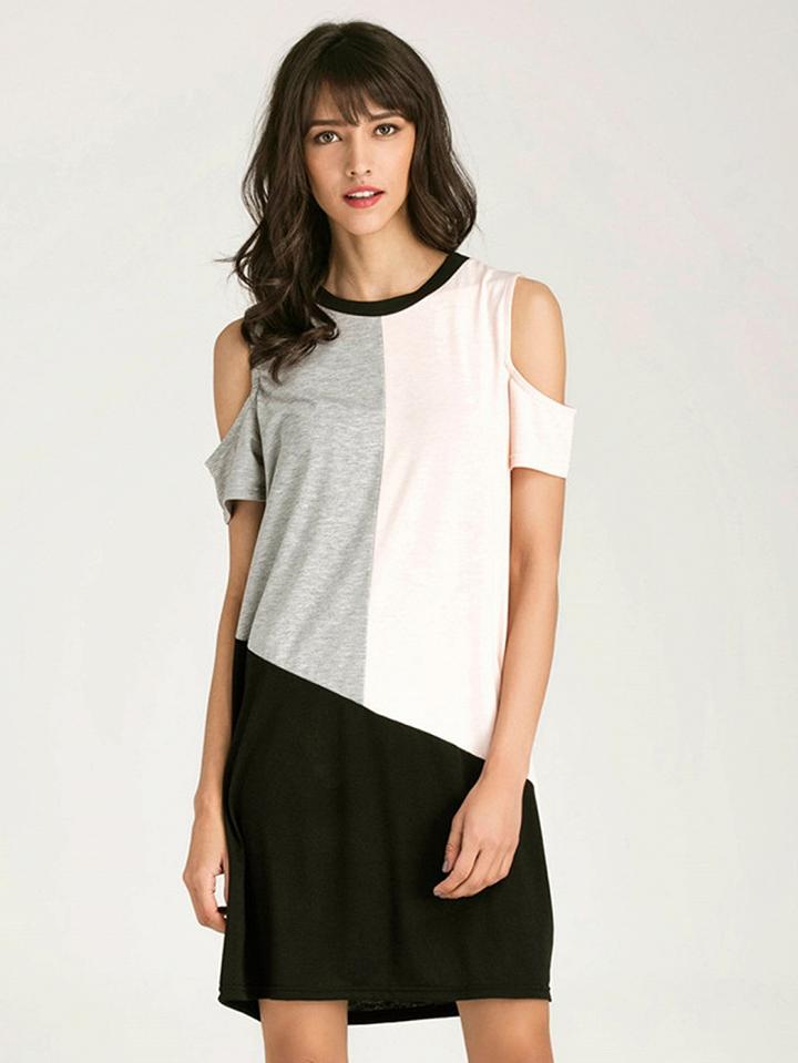Choies Color Block Cold Shoulder Short Sleeve Shift T-shirt Dress
