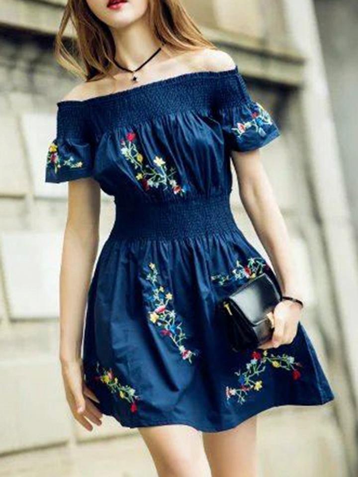 Choies Navy Blue Off Shoulder Embroidery Skater Dress