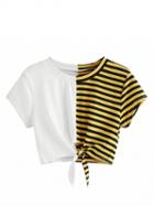 Choies White Cotton Stripe Panel Tie Front Chic Women T-shirt