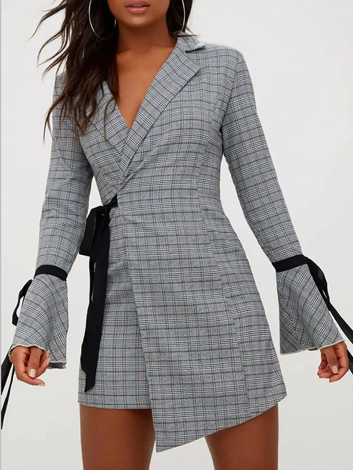 Choies Gray Houndstooth Lapel Tie Cuff Flare Sleeve Mini Dress