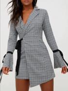 Choies Gray Houndstooth Lapel Tie Cuff Flare Sleeve Mini Dress
