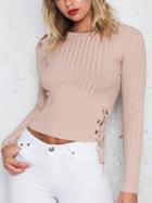 Choies Pink Lace Up Detail Long Sleeve Rib Knit Sweater