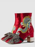 Choies Red Embroidery Dragon Crystal Embellished Bow Heeled Boots