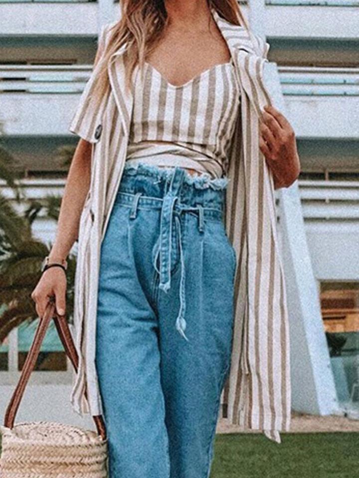 Choies Dark Blue High Waist Fur Trim Chic Women Denim Jeans