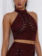 Choies Red Faux Suede Choker Neck Lace Up Front Crop Top