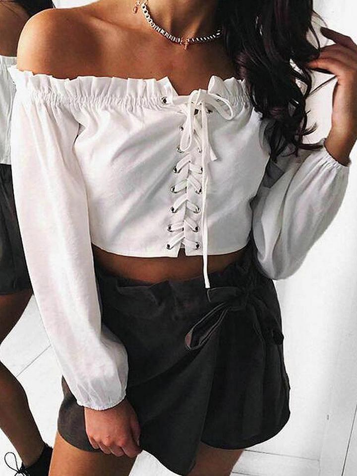 Choies White Off Shoulder Frill Trim Lace Up Long Sleeve Top