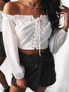 Choies White Off Shoulder Frill Trim Lace Up Long Sleeve Top
