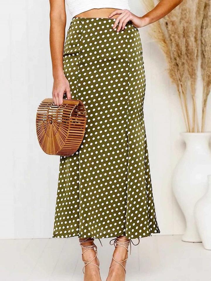 Choies Green Satin Look High Waist Polka Dot Print Ruffle Trim Maxi Skirt