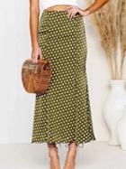 Choies Green Satin Look High Waist Polka Dot Print Ruffle Trim Maxi Skirt