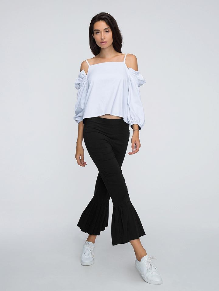 Choies White Off Shoulder Wrap Back Frill Top  And Black Flared Pants