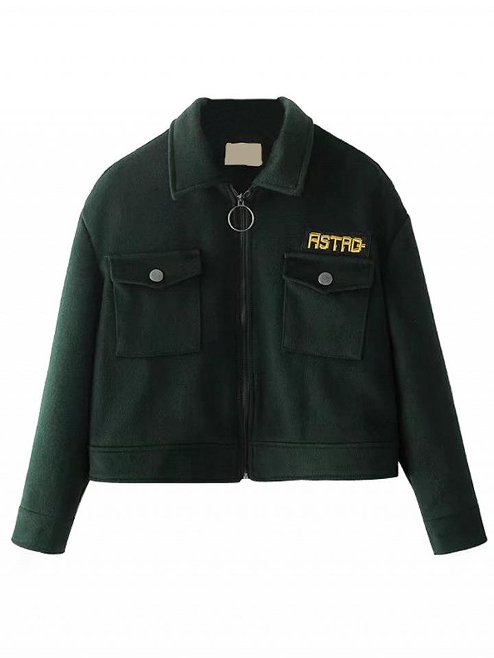 Choies Green Embroidery Letter Wool Blend Coat