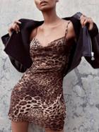 Choies Brown Spaghetti Strap Leopard Print Mini Dress