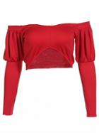 Choies Red Off Shoulder Long Sleeve Cropped T-shirt