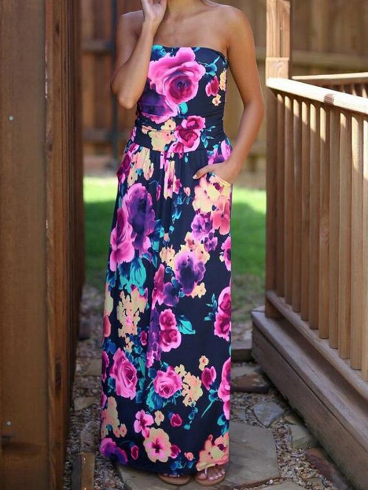 Choies Royal Blue Bandeau Floral Print Pocket Detail Maxi Dress