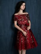 Choies Wine Red Laser Cut Fold Off Shoulder Prom Skater Dress