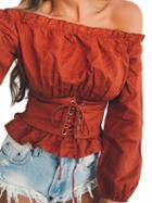 Choies Brownish Red Off Shoulder Corset Detail Long Sleeve Blouse