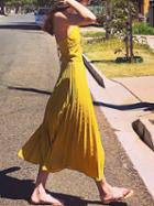 Choies Yellow Chiffon Ruched Detail Open Back Chic Women Cami Maxi Dress