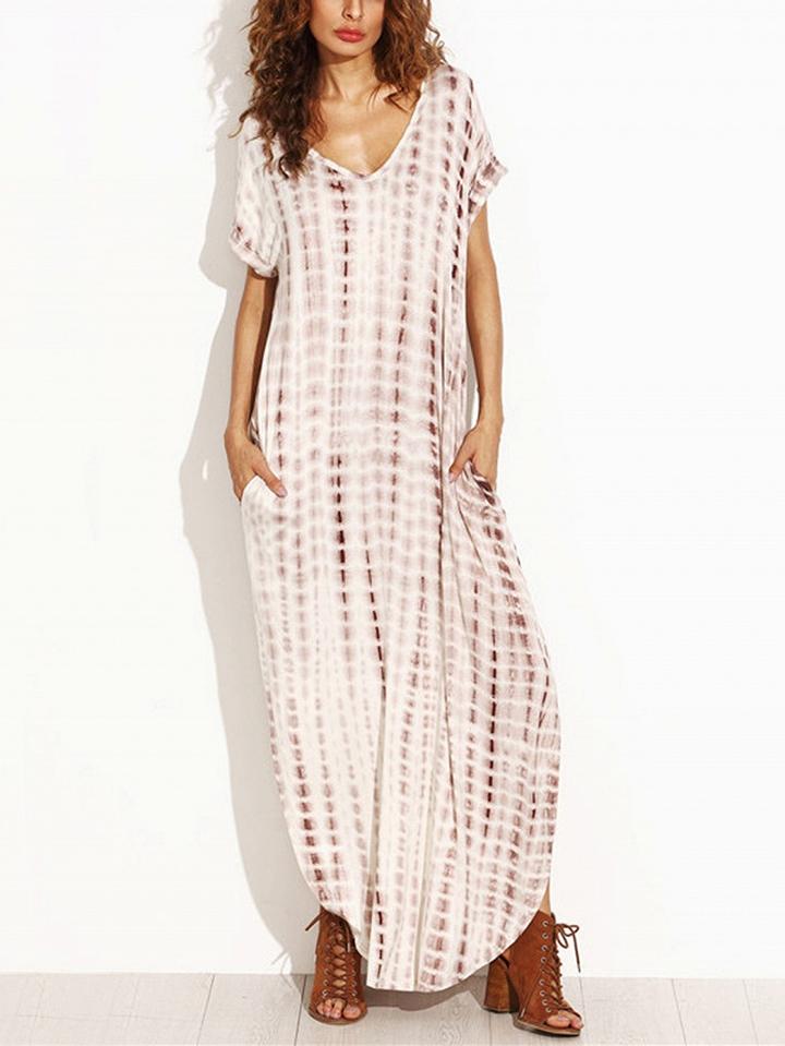 Choies White V-neck Thigh Split Side Print Detail Dress