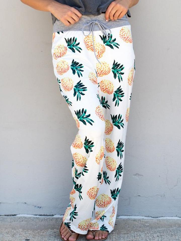 Choies White Pineapple Print Drawstring Waist Wide Leg Pants