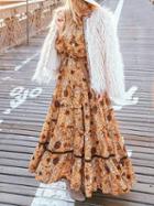 Choies Yellow Tie Neck Print Detail Puff Sleeve Maxi Dress