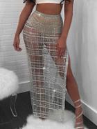 Choies Silver High Waist Thigh Split Side Sheer Mesh Maxi Skirt
