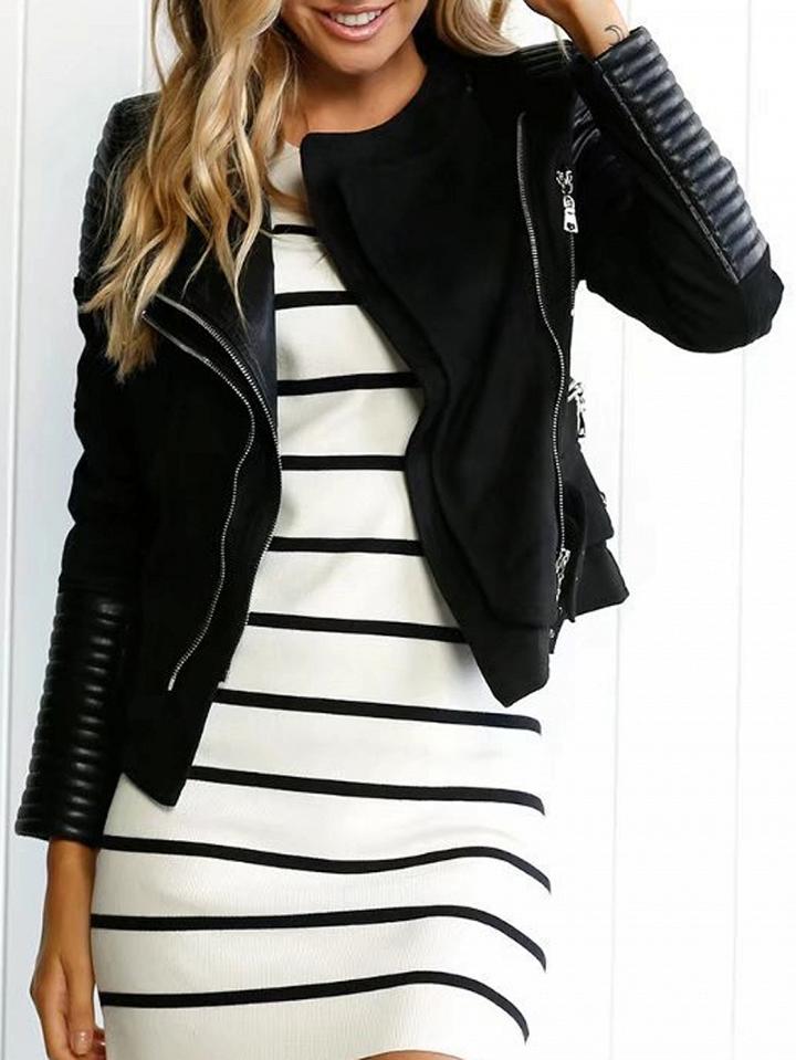 Choies Black Faux Suede Lapel Pu Panel Biker Jacket