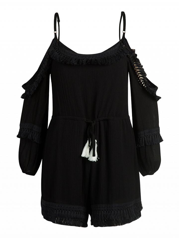 Choies Black Cold Shoulder Tassel Hem Spaghetti Strap Romper Playsuit