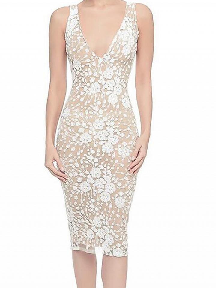 Choies White V-neck Sleeveless Chic Women Lace Bodycon Mini Dress