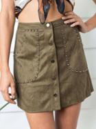 Choies Army Green High Waist Faux Suede Stud Detail Mini Skirt