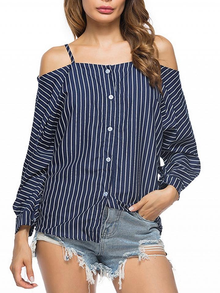 Choies Dark Blue Stripe Cold Shoulder Spaghetti Strap Long Sleeve Shirt