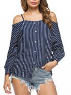 Choies Dark Blue Stripe Cold Shoulder Spaghetti Strap Long Sleeve Shirt