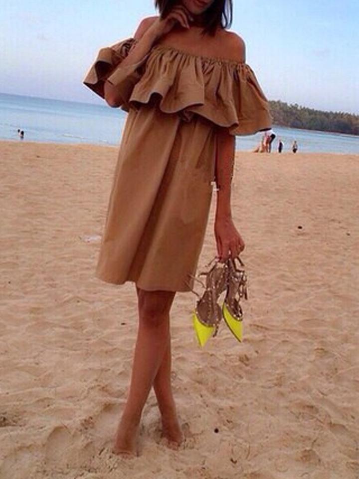 Choies Khaki Off Shoulder Ruffle Detail Mini Dress