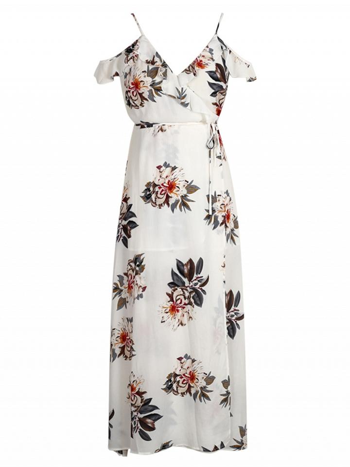 Choies Multicolor V-neck Floral Lace Up Back Side Split Maxi Dress