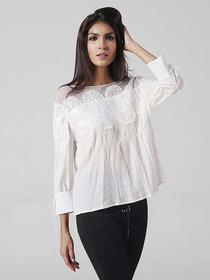 Choies White Illusion Lace Panel Tie Cuff Blouse