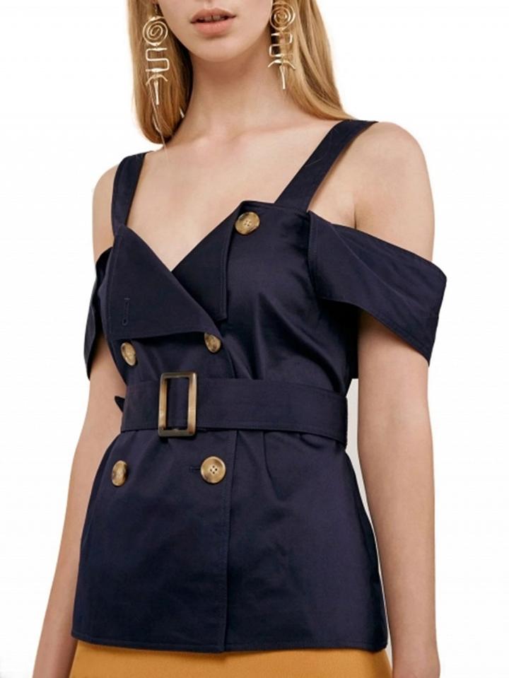 Choies Navy Blue Cold Shoulder Double Breasted Folded Belted Cami Top