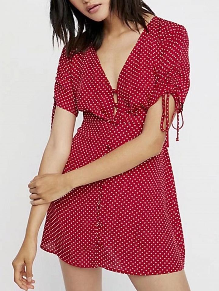 Choies Red V-neck Polka Dot Drawstring Cuff Tie Waist Mini Dress