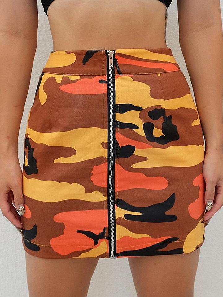 Choies Orange Camouflage High Waist Zip Front Mini Skirt