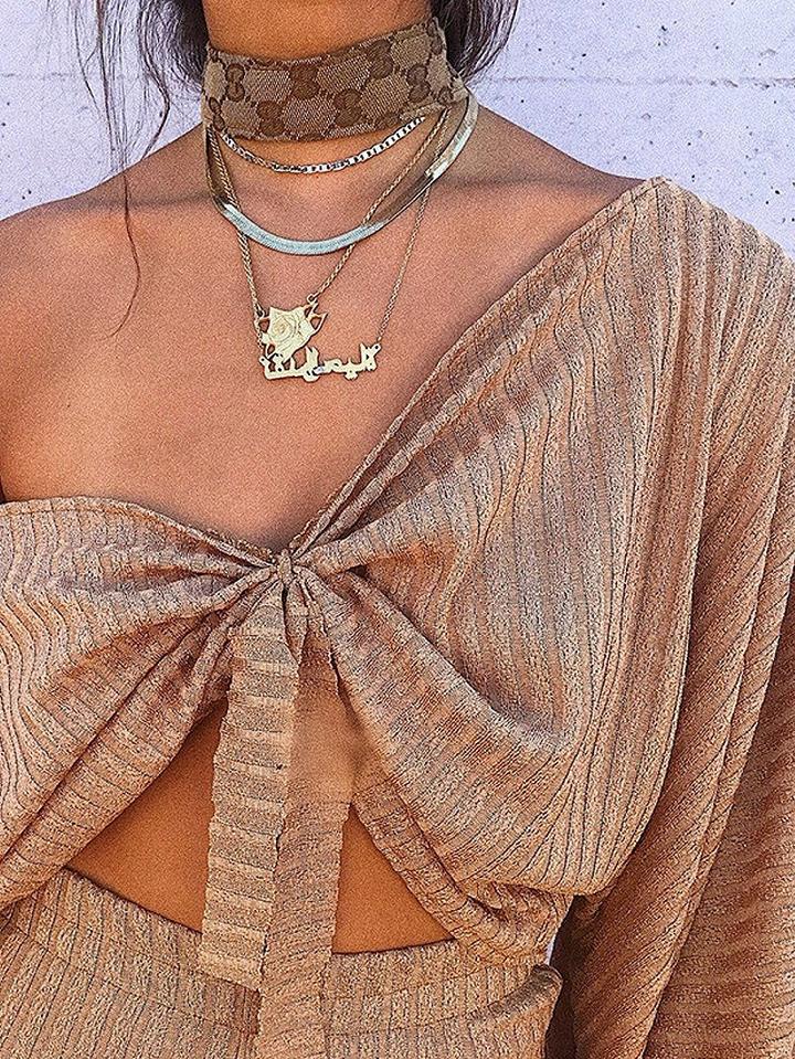 Choies Khaki Two-way Tied Puff Sleeve Rib Crop Top
