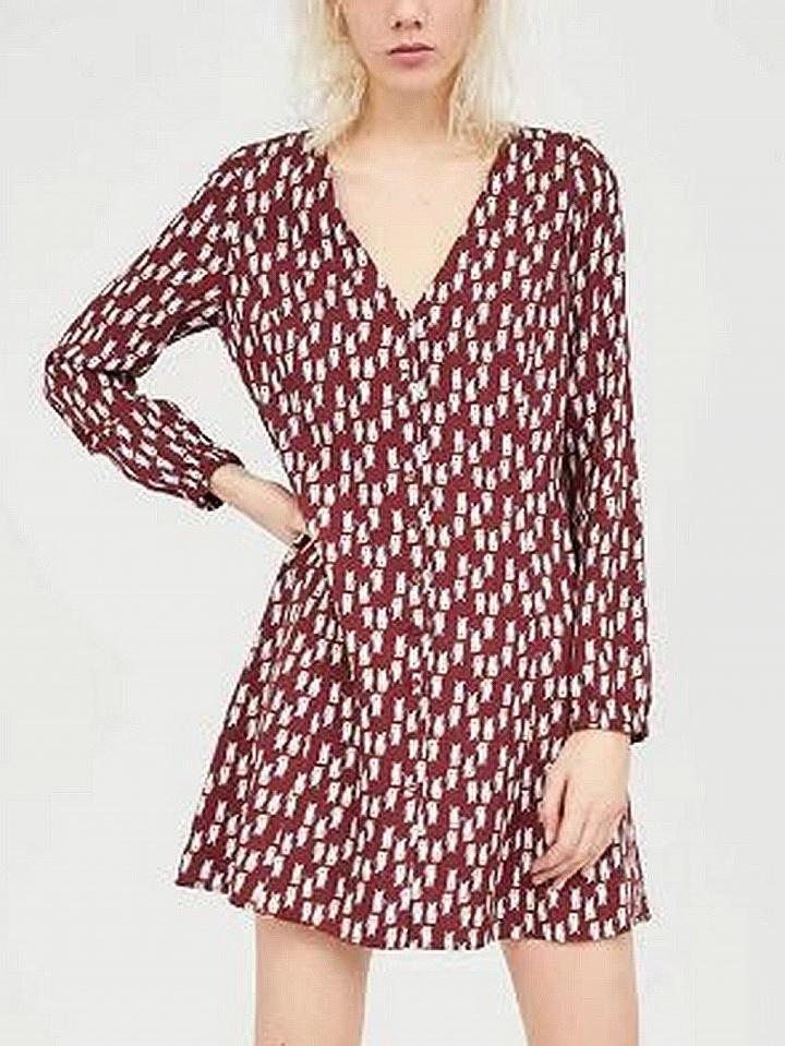 Choies Hot Pink V-neck Dog Print Long Sleeve Mini Dress