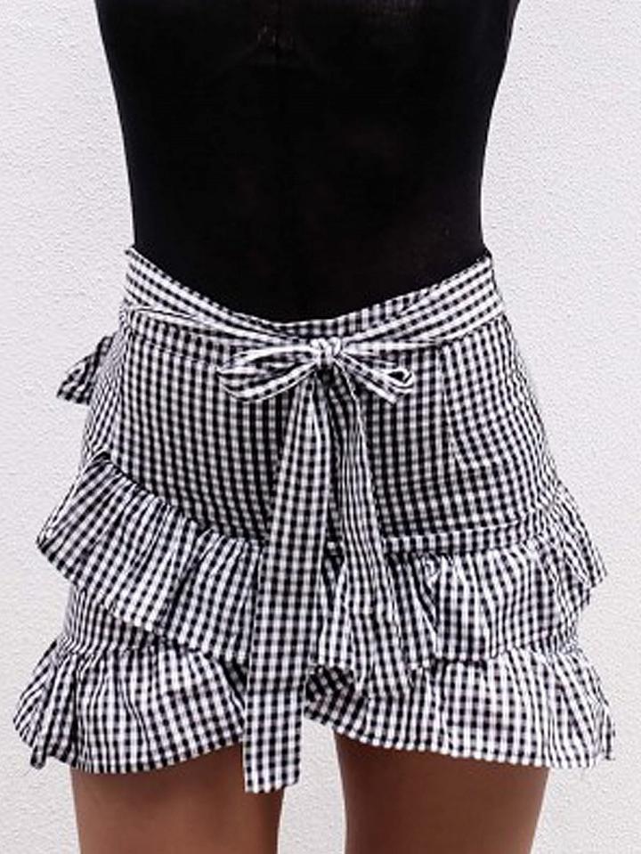Choies Monochrome Gingham Cross Ruffle Tie Waist Mini Skirt