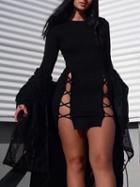 Choies Black Cross Strap Cage Trim Long Sleeve Bodycon Dress