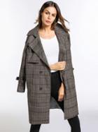 Choies Gray Plaid Lapel Buckle Waist Wool Blend Longline Coat