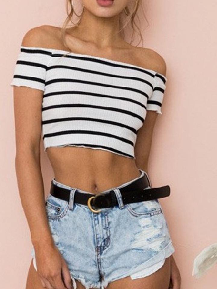 Choies White Stripe Cotton Off Shoulder Chic Women Crop Top